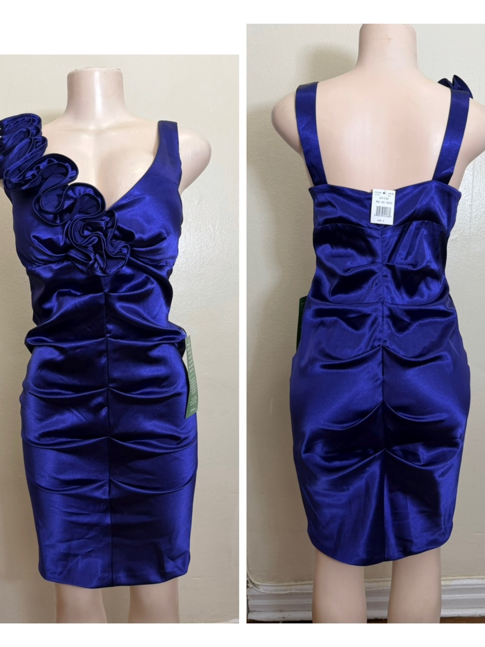 NWT One-Shoulder Royal Blue Satin Cocktail Dress with Rosette Detail